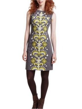 Tabitha for Anthropologie Gray Mini Dress with Lime and White Central Embroidery